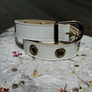 Bebe Genuine Leather White Grommet Belt Women's Gold Hardware Y2K Statement L 43